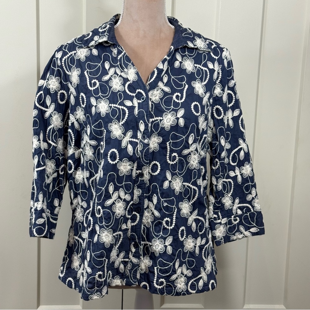 CJ Banks Navy Button-Down Top with White Floral Embroidery